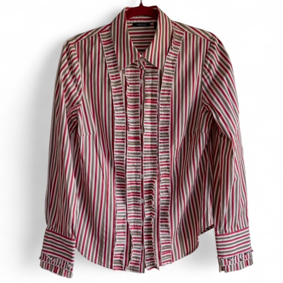 Carlisle Tops - Carlisle Women's Tuxedo Ruffle Front Striped Button Down Shirt Size 8